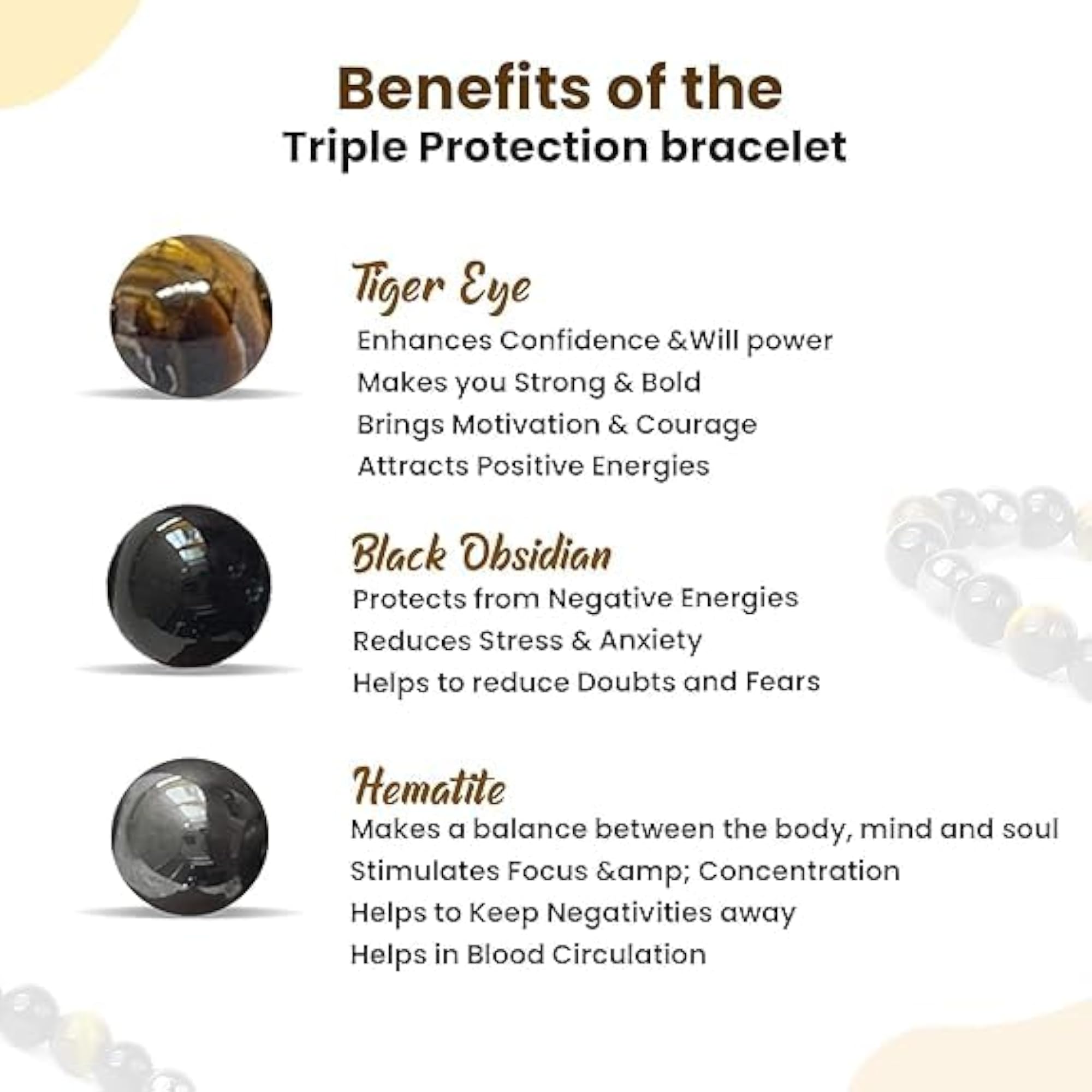 Natural Stone Bracelet with Lab Tiger Eye, Hematite & Obsidian